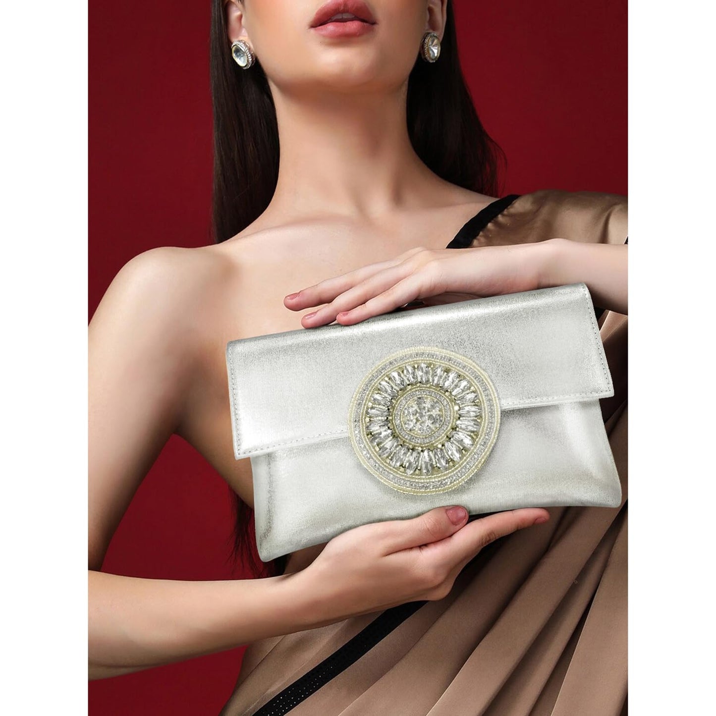 Peora Clutch Silver Purses For Women Wedding Handmade Evening Handbags Party Bridal Clutch (C32S)