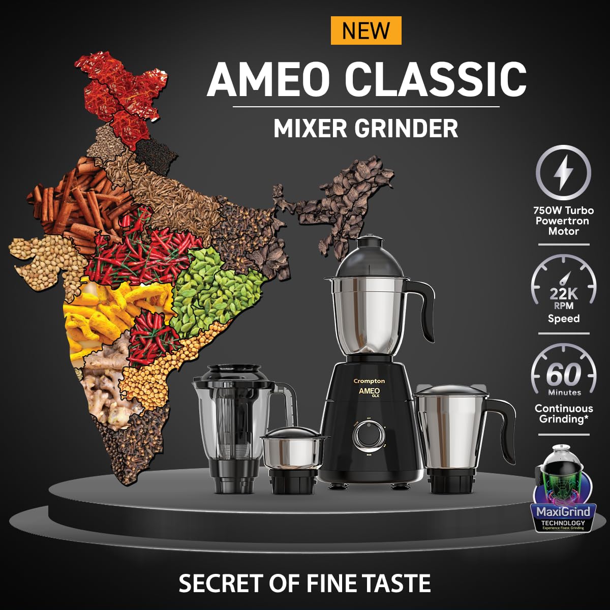 Crompton Ameo Classic 750W Mixer Grinder | Powertron Motor | MaxiGrind Technology | 3 Stainless Steel Jars | 1 Blender Jar with fruit filter | Black