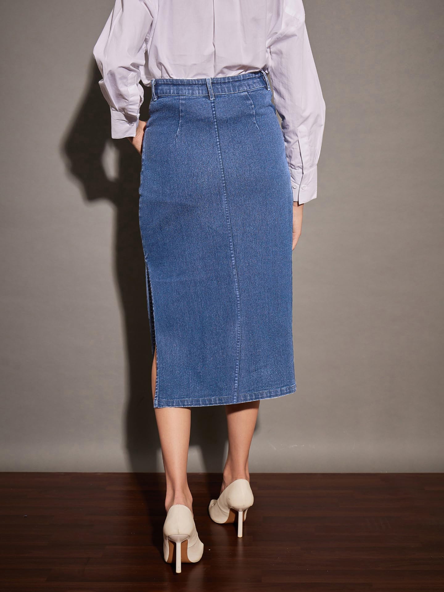 Ice Blue Denim Side Slit Midi Skirt
