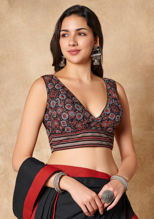 S SALWAR STUDIO Black Ajrakh Hand Block Printed Pure Cotton V Neck Readymade Blouse