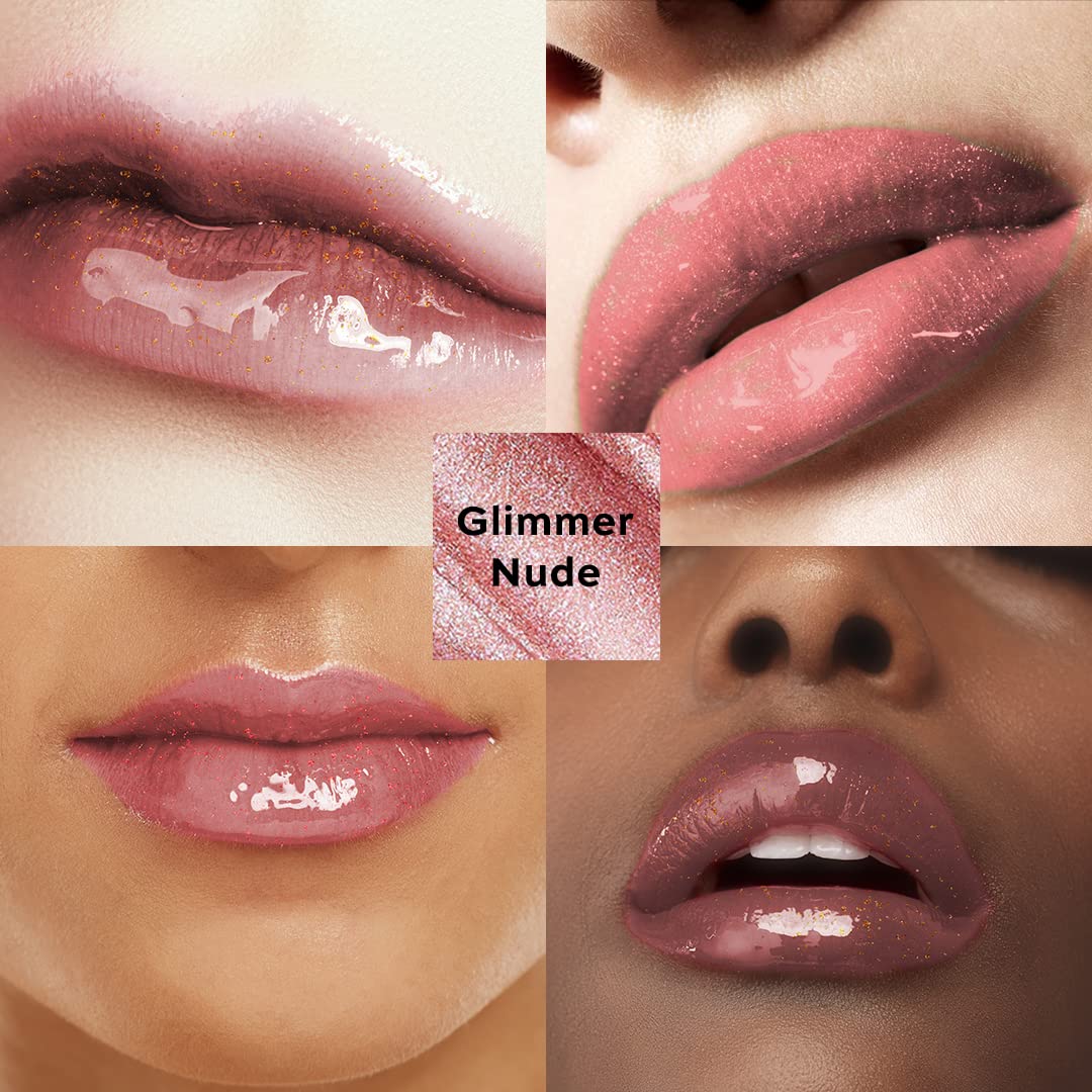 Makeup Revolution Rose Gold Lip Gloss for Women, Shimmer Bomb Lip Gloss - Glimmer Nude, Vitamin E for Extra Nourishment & Hydrating Lips, Rosehip Oil, Paraben Free, Shimmery & Sheer Formula - 4.5ml