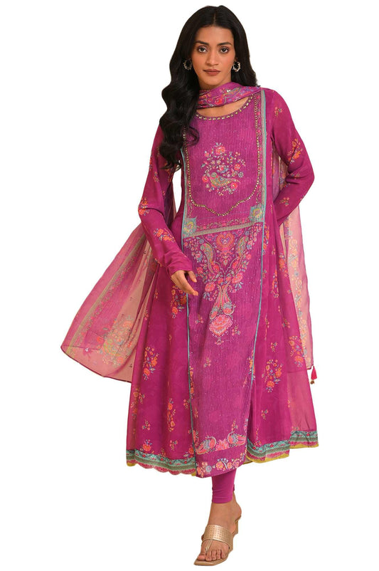 W for Woman Floral Calf Length Polyester Woven Women's Kurta Pant Dupatta Set (Dark_Pink, 3XL)