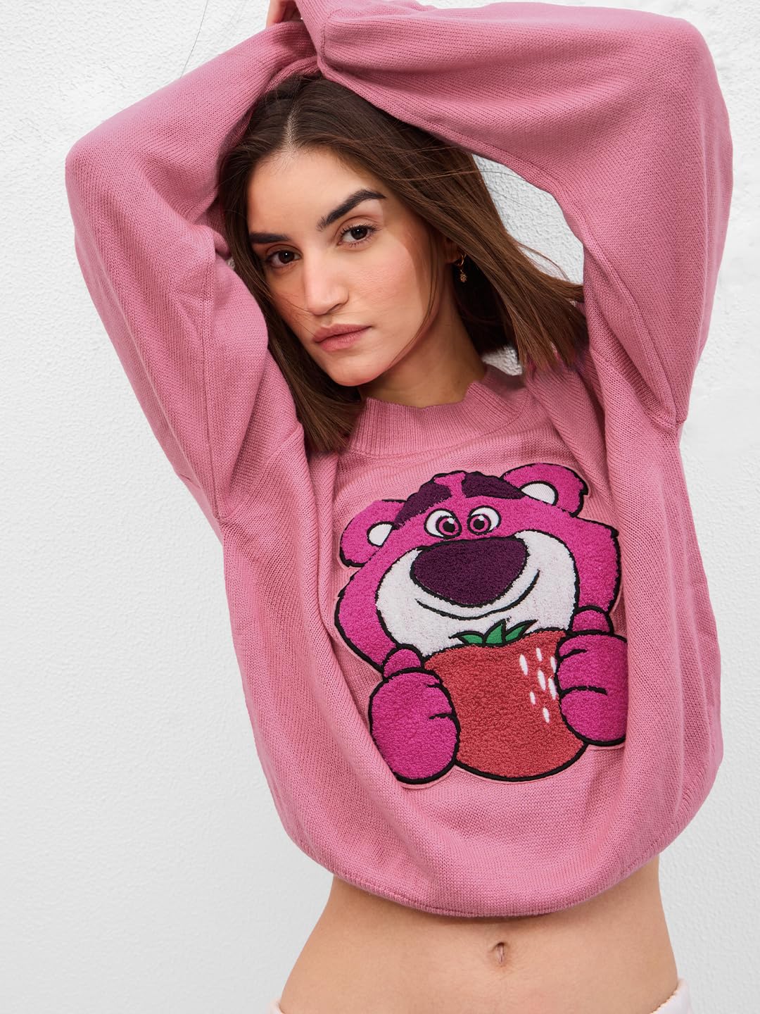 The Souled Store Disney: Lotso Bear Women and Girls Toweling Embroidered Oversized Sweater Pink