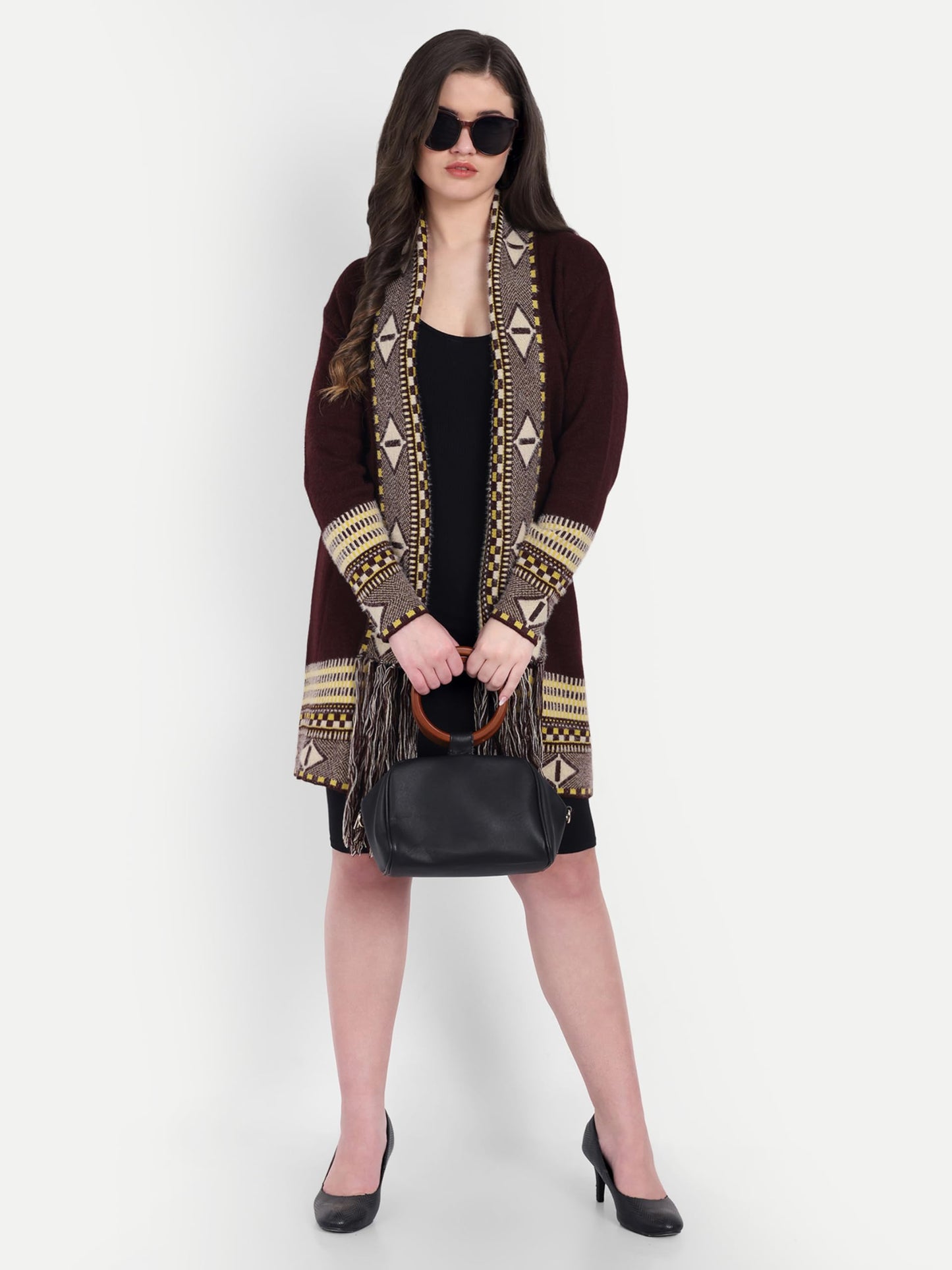 HAUTEMODA Women Winter Wear Long Front Open Sweater Shrug (in, Alpha, L, Regular, Dark Brown)