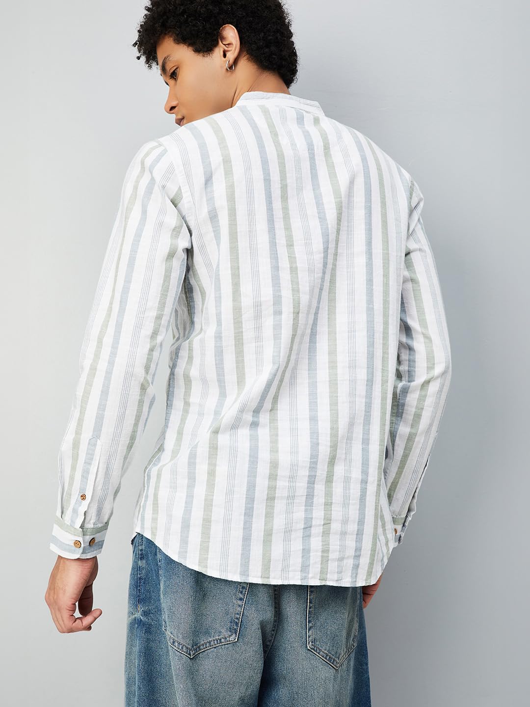 Max Men's Full Sleeves Mandarin Collar Striped Cotton Short Kurta White