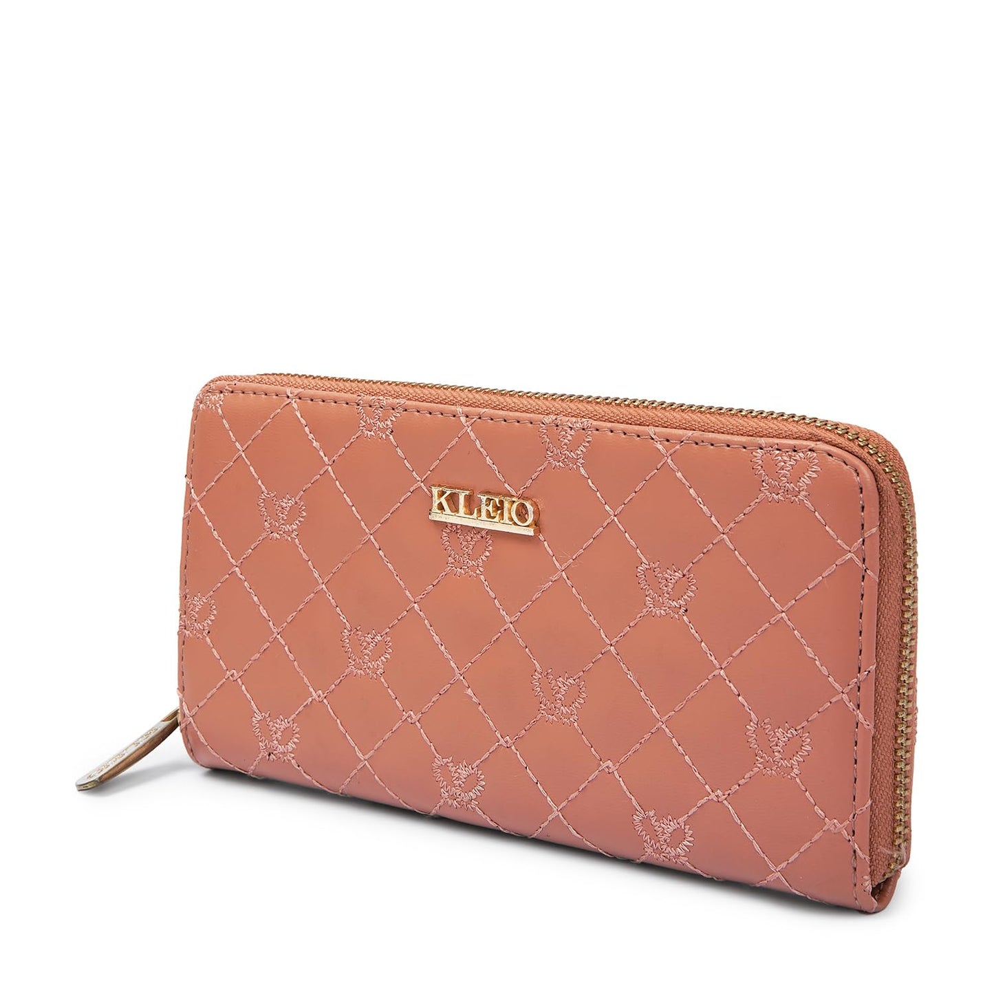 KLEIO Quilted PU Leather Bi Fold Zip Closure Multi Pockets and Slots Clutch Wallet for Women Ladies(HO5016KL-BE)(PEACH)