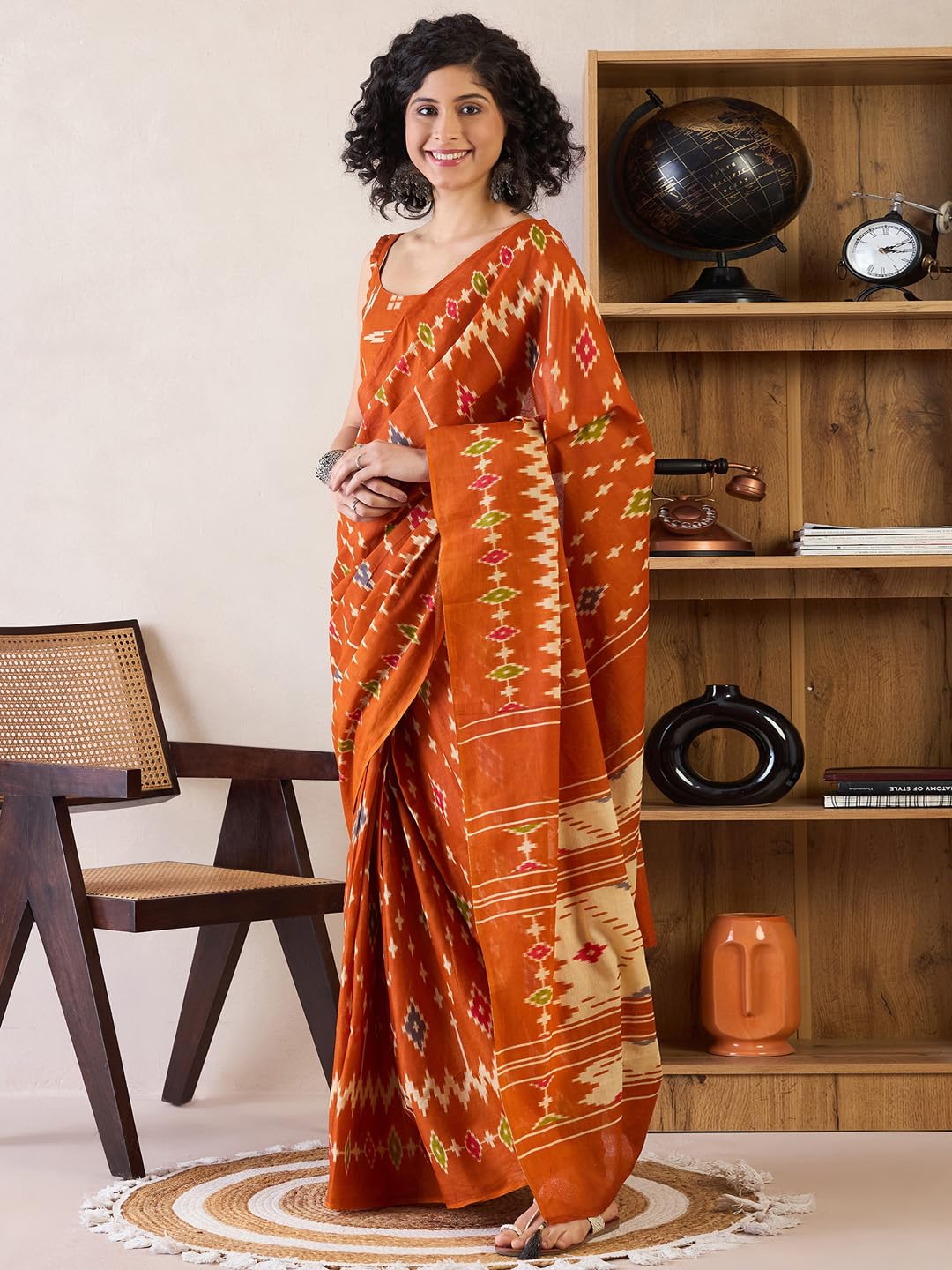 SAREE MALL Women's Orange Cotton Ikat Printed Ready To Wear one Minute Saree With Unstitched Blouse Piece(RTWMINAXI6301_SMC)