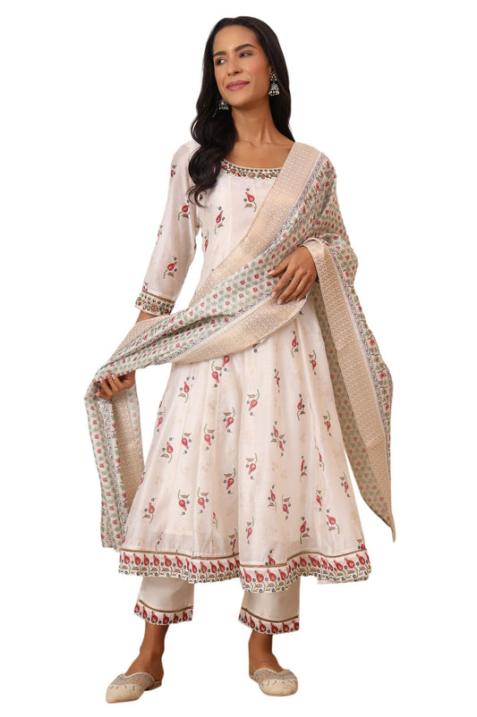 W for Woman White Floral Printed Chanderi Anarkali Kurta, Pants and Dupatta Set (Size: 2XL)-WS12119-124225