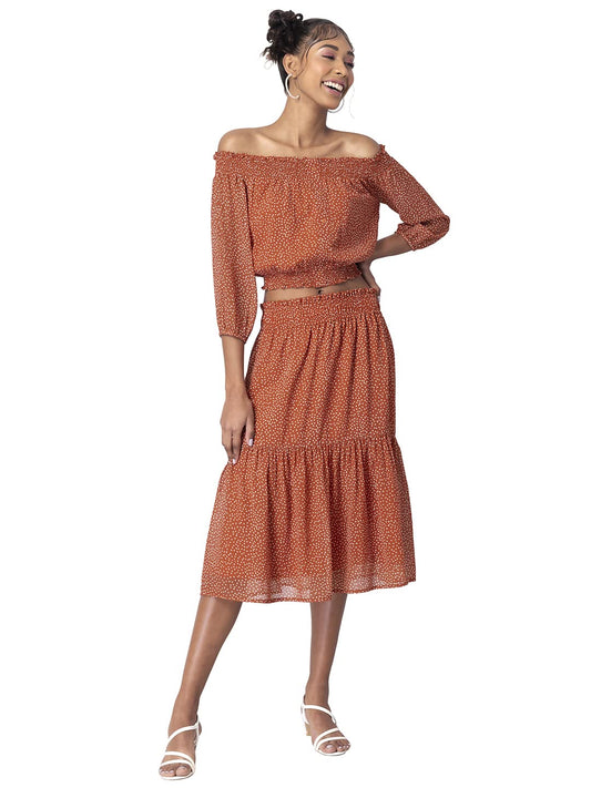 FabAlley Georgette Rust Polka Smocked Midi Skirt and Bardot Top Set