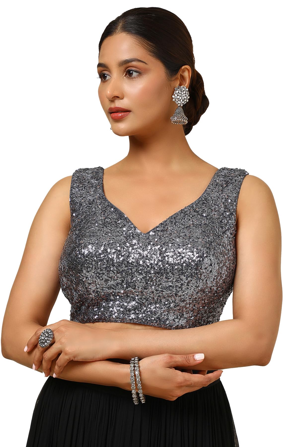 Soch Women's Georgette Embellished Sleeveless Regular Fit Blouse (BLHSSEQ00623_Grey 38)