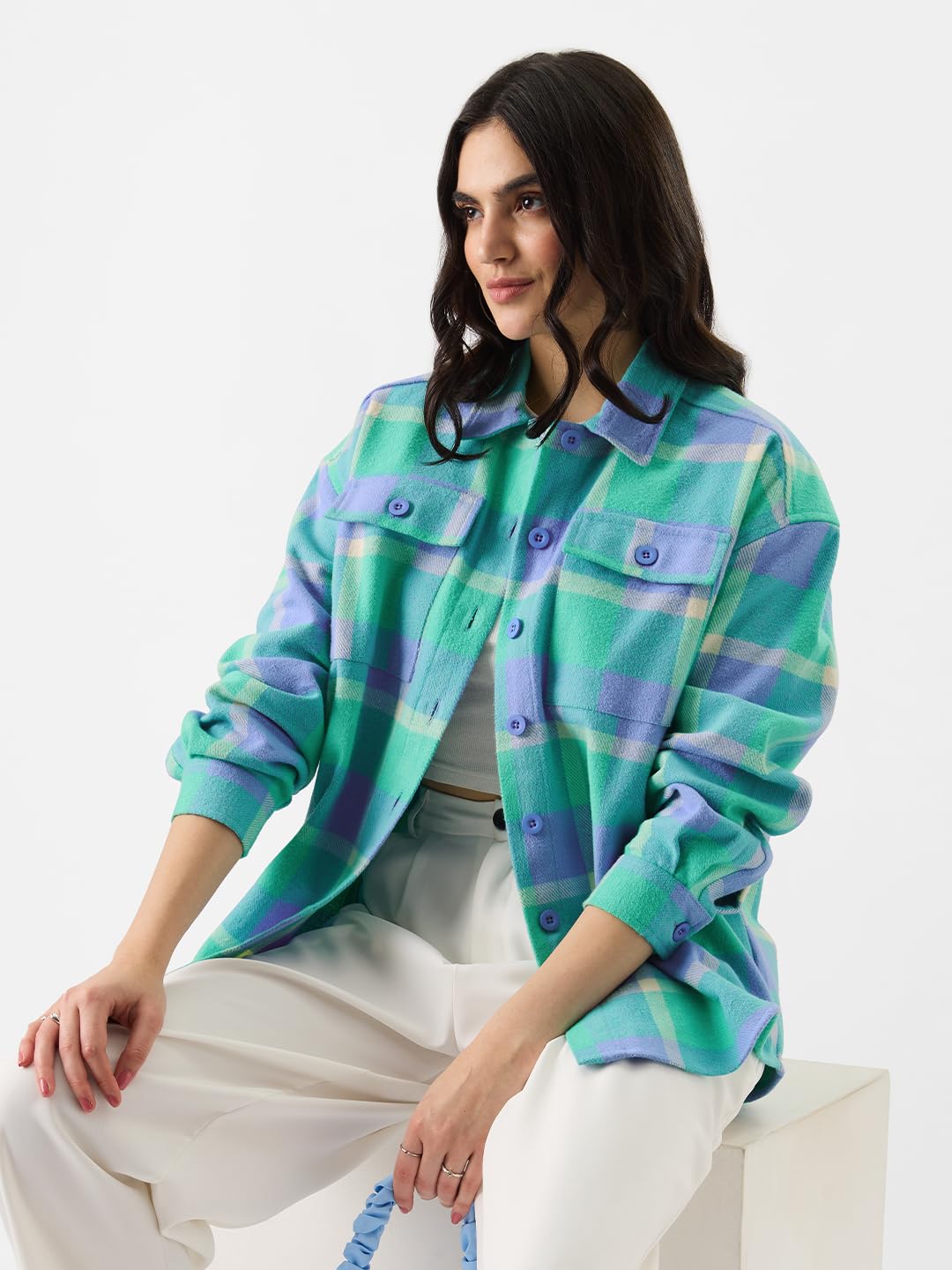 The Souled Store Plaid: Grapemist And White Women Shackets Shackets Casual Plaid Oversized Quilted Winter Flannel Sherpa-Lined Stylish Fashion Trendy Classic Checkered Cozy Button-Up Utility