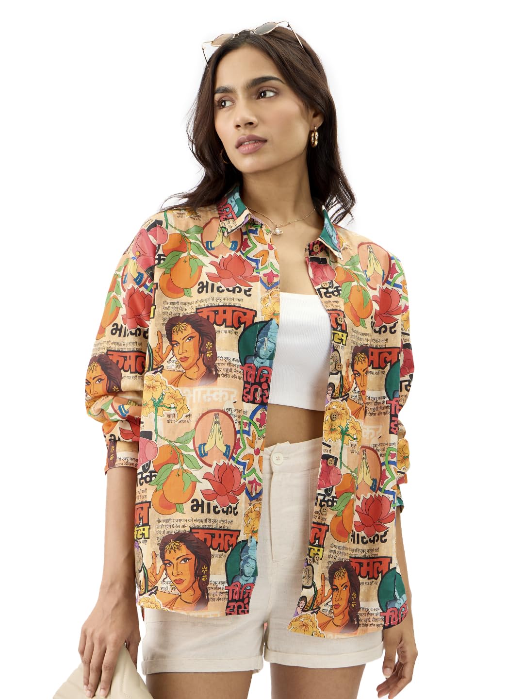 The Souled Store Indian Retro Women and Girls Long Sleeve Collared Neck Button Down Multicolor All Over Printed Boyfriend Shirts with Drop Shoulder and Oversize Fit