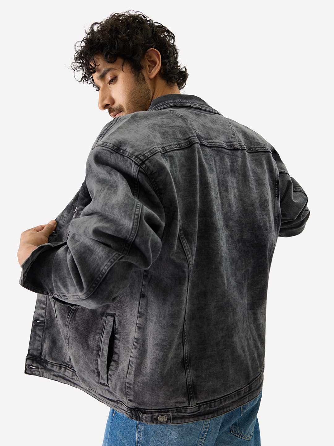 The Souled Store Solids: Ebony Oversized Fit Long Sleeve Collared Neck Button Front Denim Jackets for Men and Boys - Classic and Versatile Outerwear Essentials