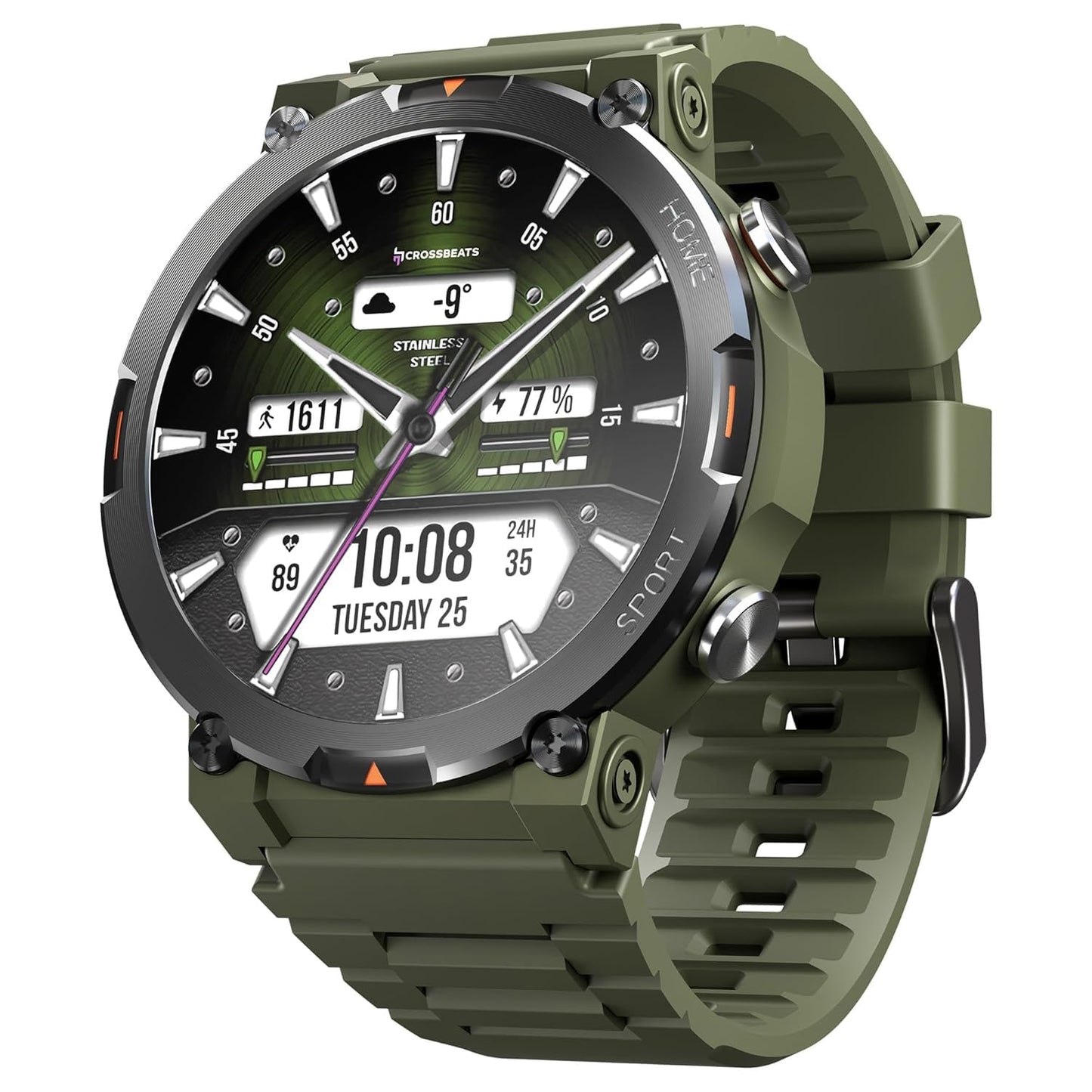 CrossBeats Everest 2.0 Smart Watch for Men 1.43" True AMOLED, Always ON Display Bluetooth Calling Rugged Outdoor Military Grade Certified Upto 15 Days Battery Life Smartwatch 100+ Sports Mode (Green)
