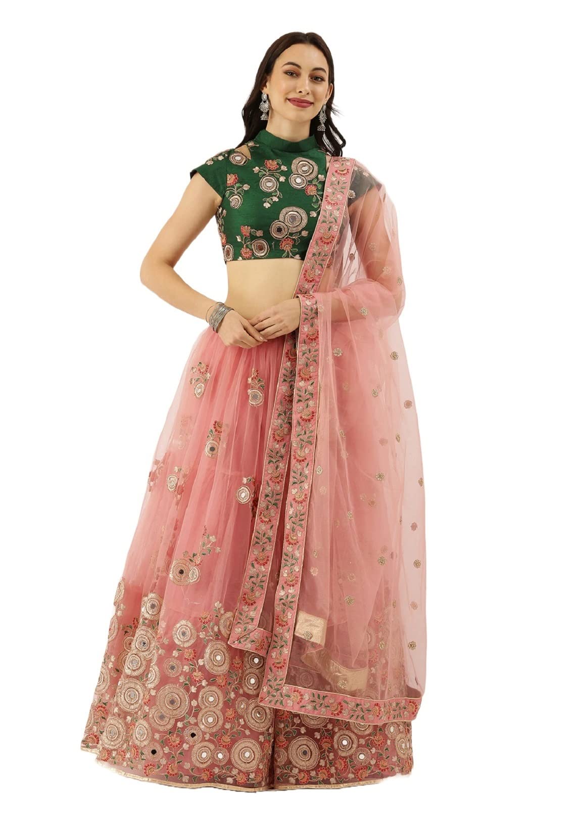 Divine International Trading Co Women's Net Embroidered Semi-Stitched Lehenga Choli with Dupatta (Peach-Wedding-Girlish-Latest-Lehenga; Free Size;7315)