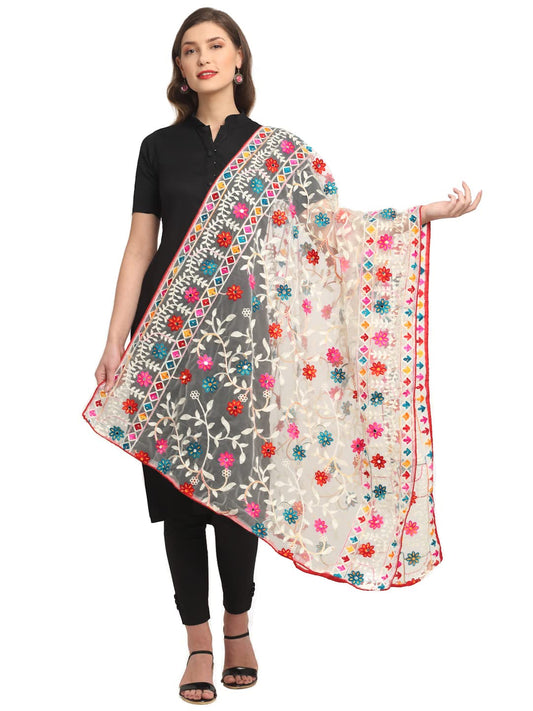 Shasmi Women's Heavy White Colour Net Embroidered Fancy phulkari work Dupatta for women (White)