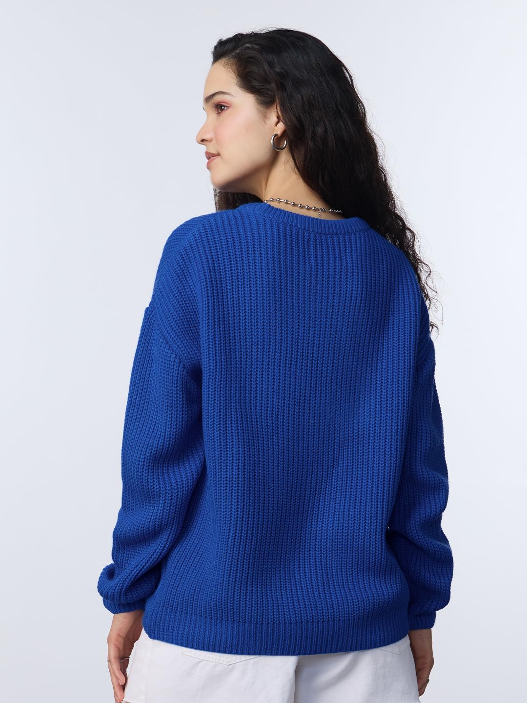 The Souled Store Knitted Sweater: Royal Blue Women and Girls Long Sleeves Round Neck Solid Pull Over Acrylic Oversized Sweaters