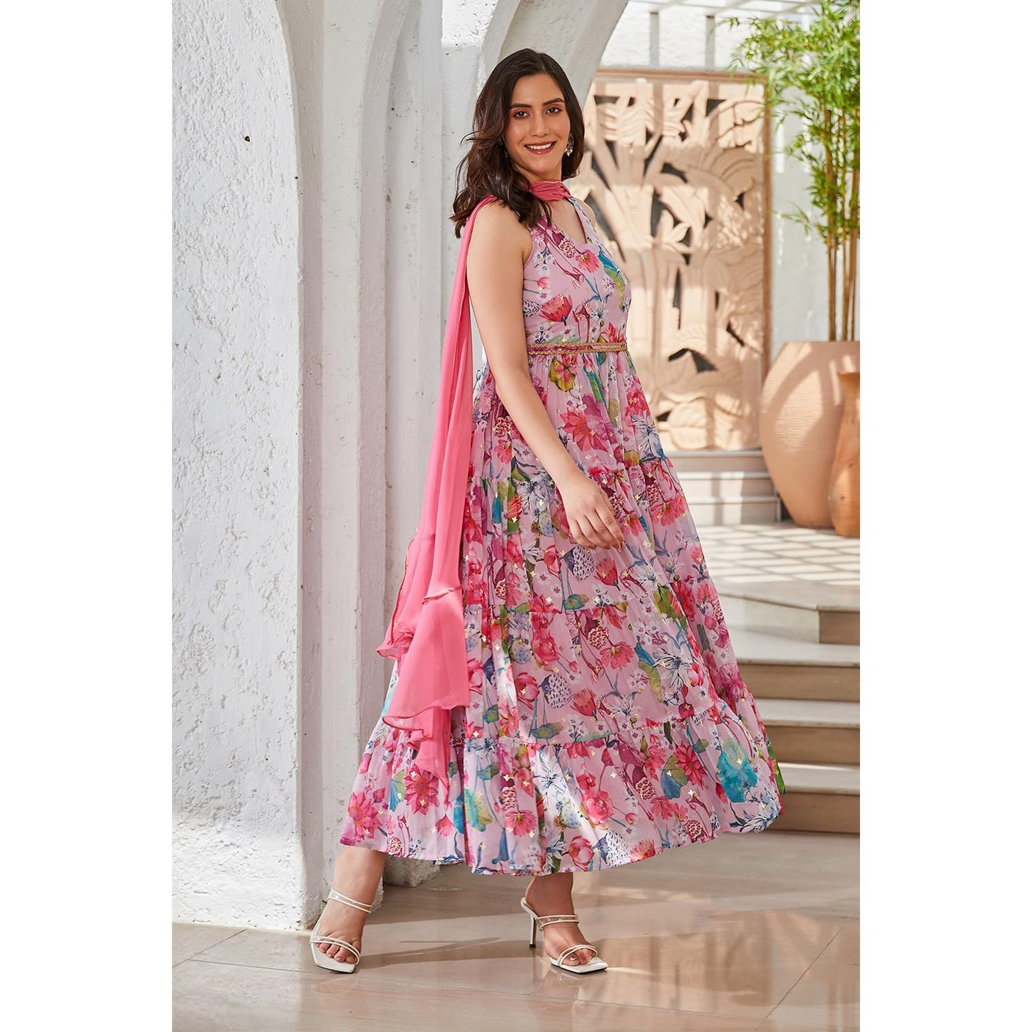 BIBA Women Polyester Anarkali Printed Dress (SKD9665_Pink_XS)