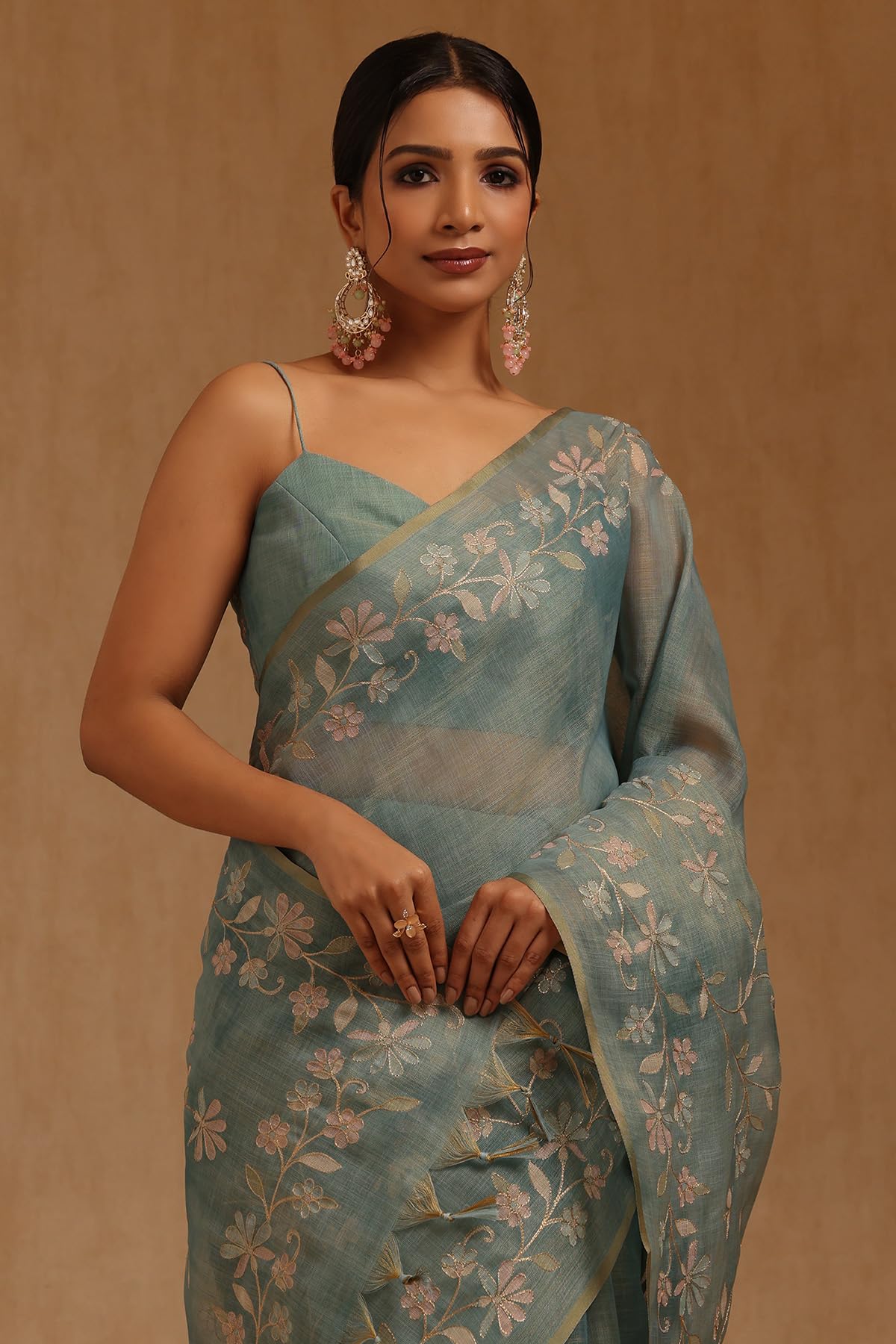 Soch Womens Light Teal Linen Floral Printed Saree With Zari