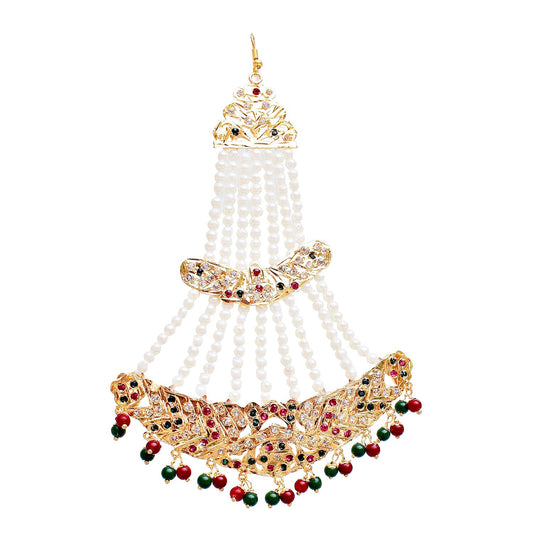Lucky Jewellery White Magenta Green Stone Multilayered Pearl Kundan Passa for Women (660-CKN-C194-RG)