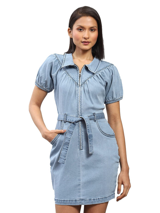 Label RITU KUMAR Light Blue A-line Denim Dress with Belt