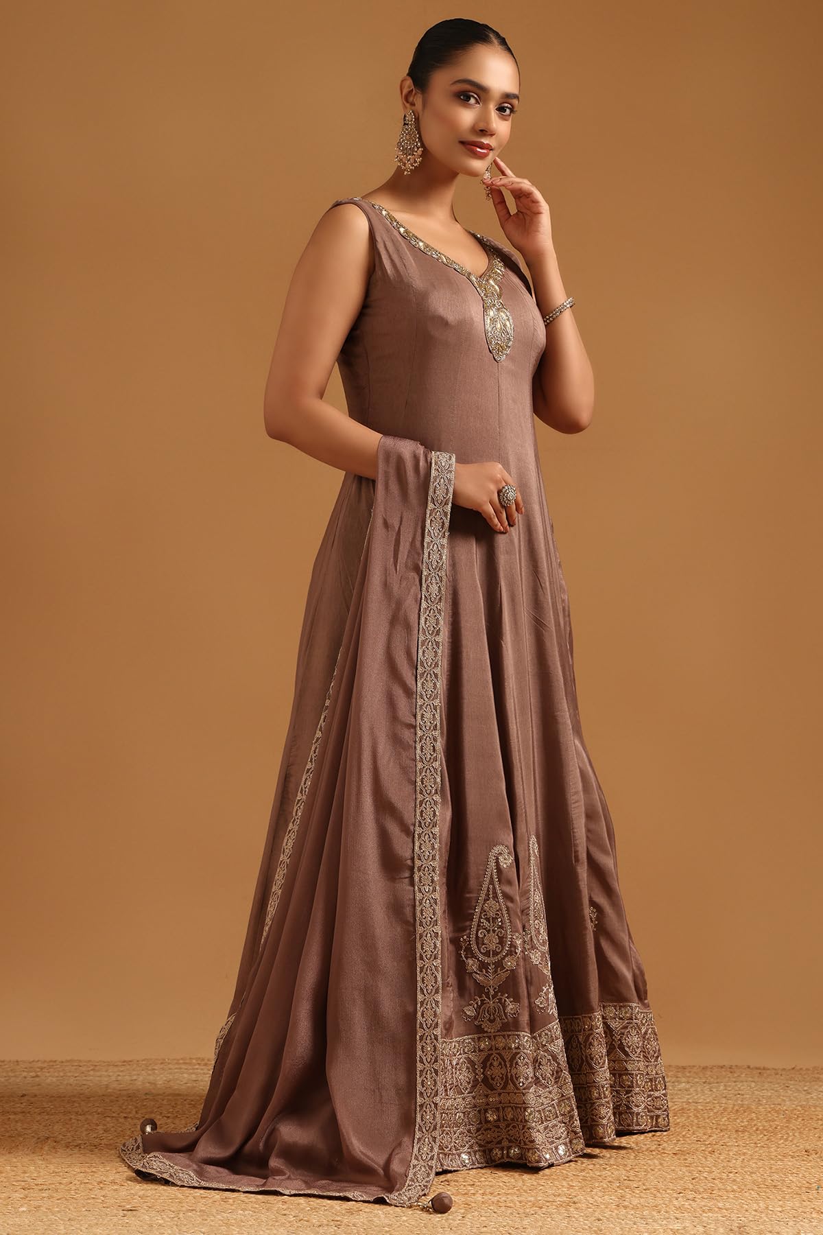 Soch Womens Brown Dola Silk Ethnic Motifs Gown with Cutdana