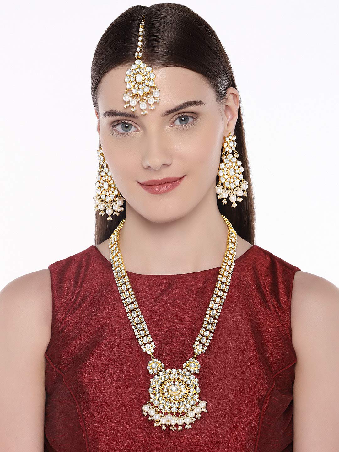 ACCESSHER Traditional Gold Plated Premium Pachi Kundan and Pearls Embedded Statement Bridal long Necklace Set with Earring and maangtikka for Women and Girls Pack of 1