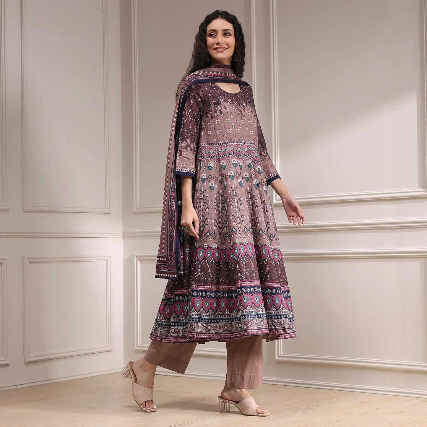 Biba Women Mud Brown Cotton Anarkali Printed Kurta Set_34