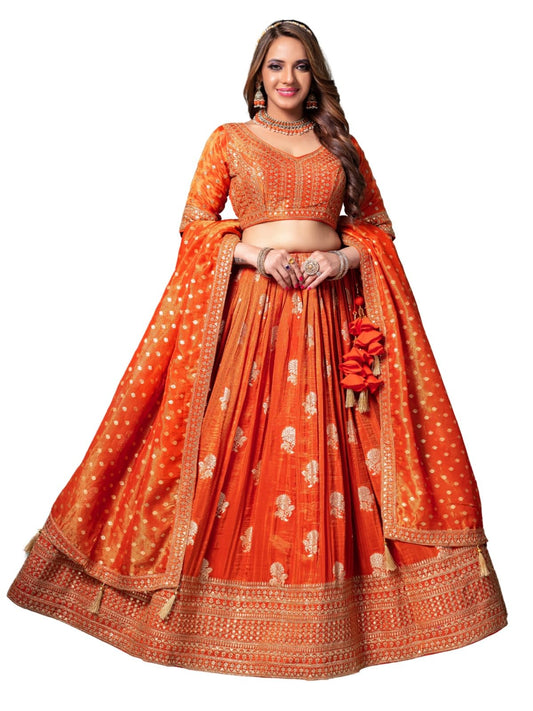 ADHIA Women's Tissue Silk Embroidery Work Lehenga Choli With Dupatta Set (Standard, Rust (orange), Large)