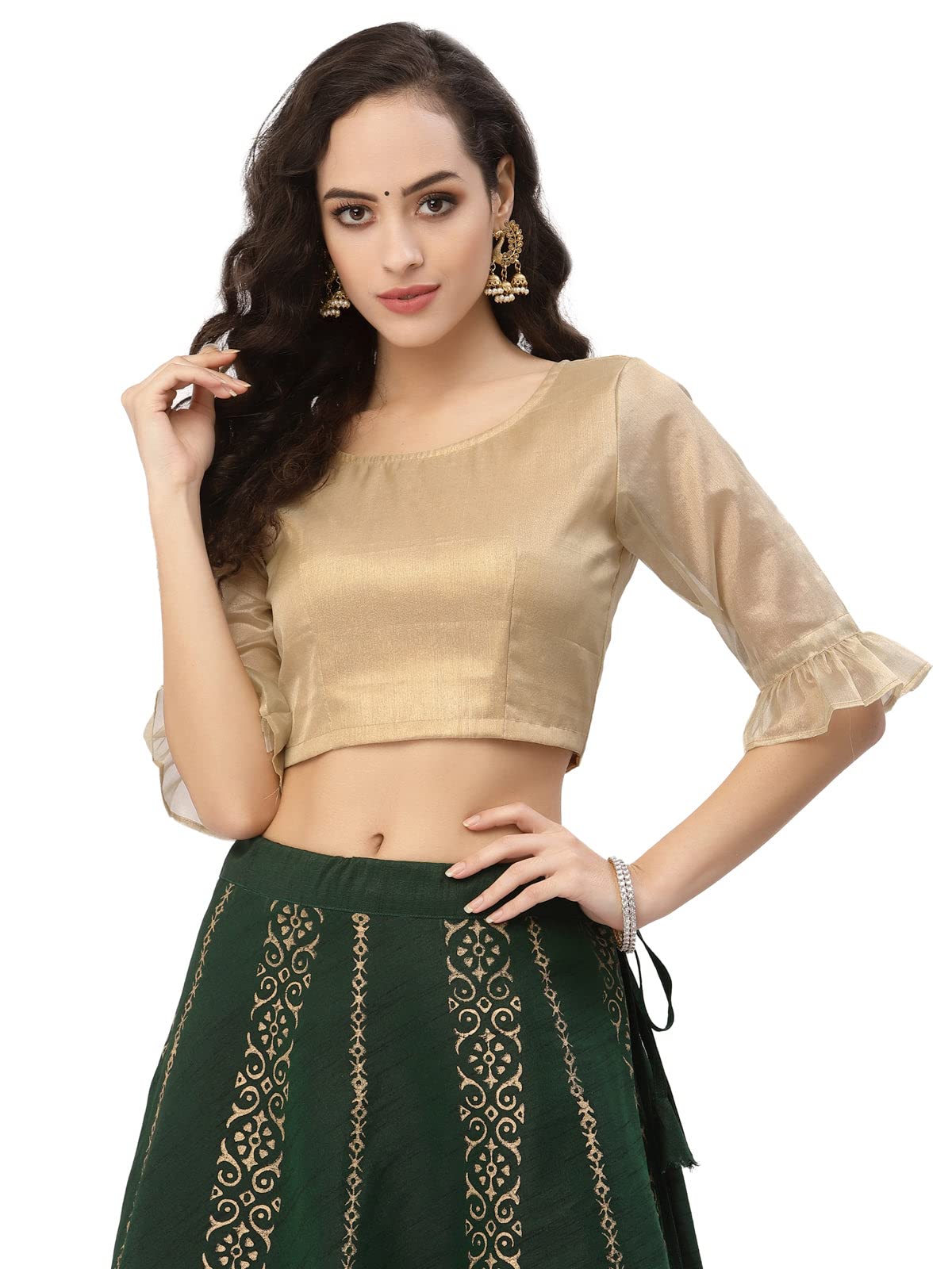 studio rasa Women's Silk Tissue Sheer Sleeves Readymade Saree Blouse for Wedding Festive Party (TPWC42267BL_L_Gold_Large)