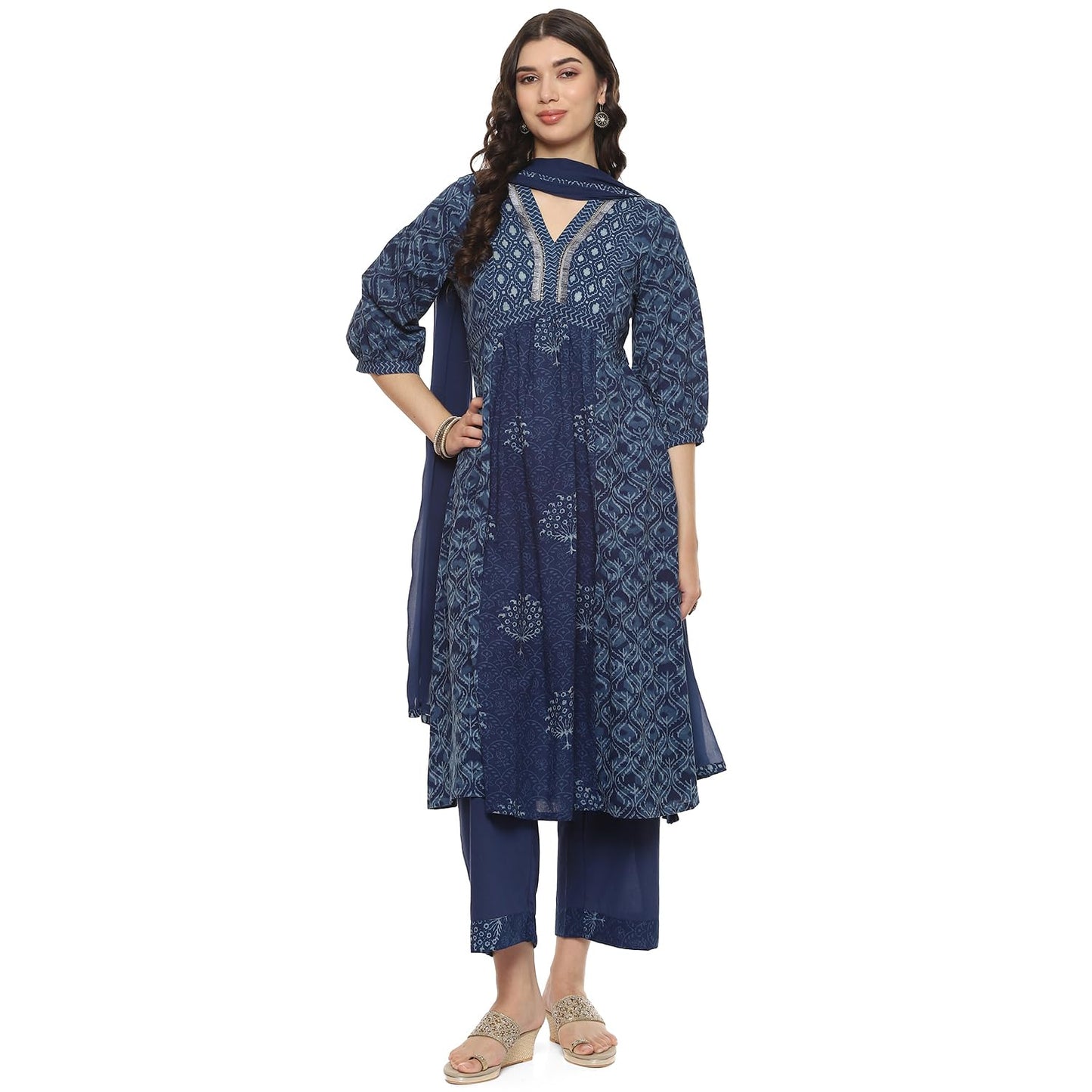 BIBA Women PRINTED GATHERED SALWAR KURTA DUPATTA(SKDDABU9026_INDIGO_42)