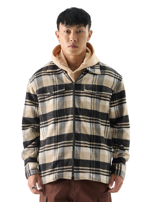 The Souled Store Plaid: Brown and Black Men and Boys Long Sleeve Zipper Front Oversized Fit Cotton Flannel Shackets Men's Shackets Shirt Winter Plaid Thick Jackets Shackets for Men Outerwear