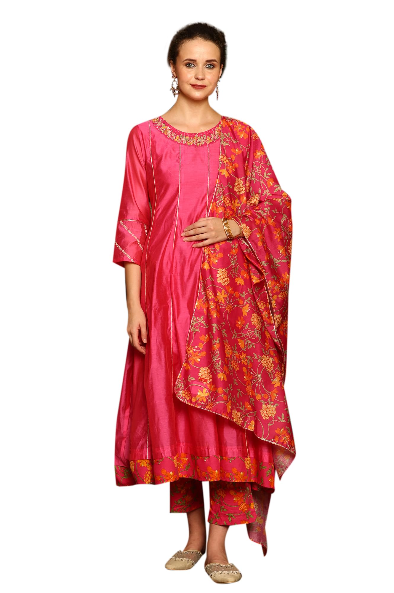 W for Woman Magenta Pink Chanderi Dori Embroidered Anarkali Kurta, Pants and Dupatta Set (Size: XS)-24AUWS11468-221979