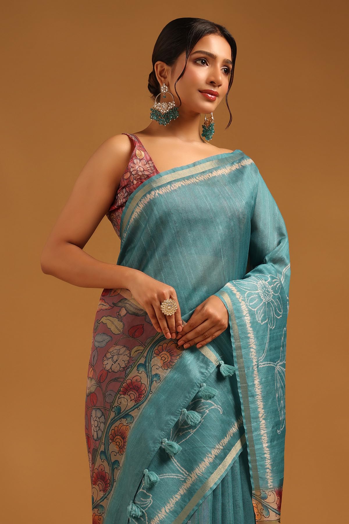 Soch Womens Turquoise Blue Tussar Floral Saree