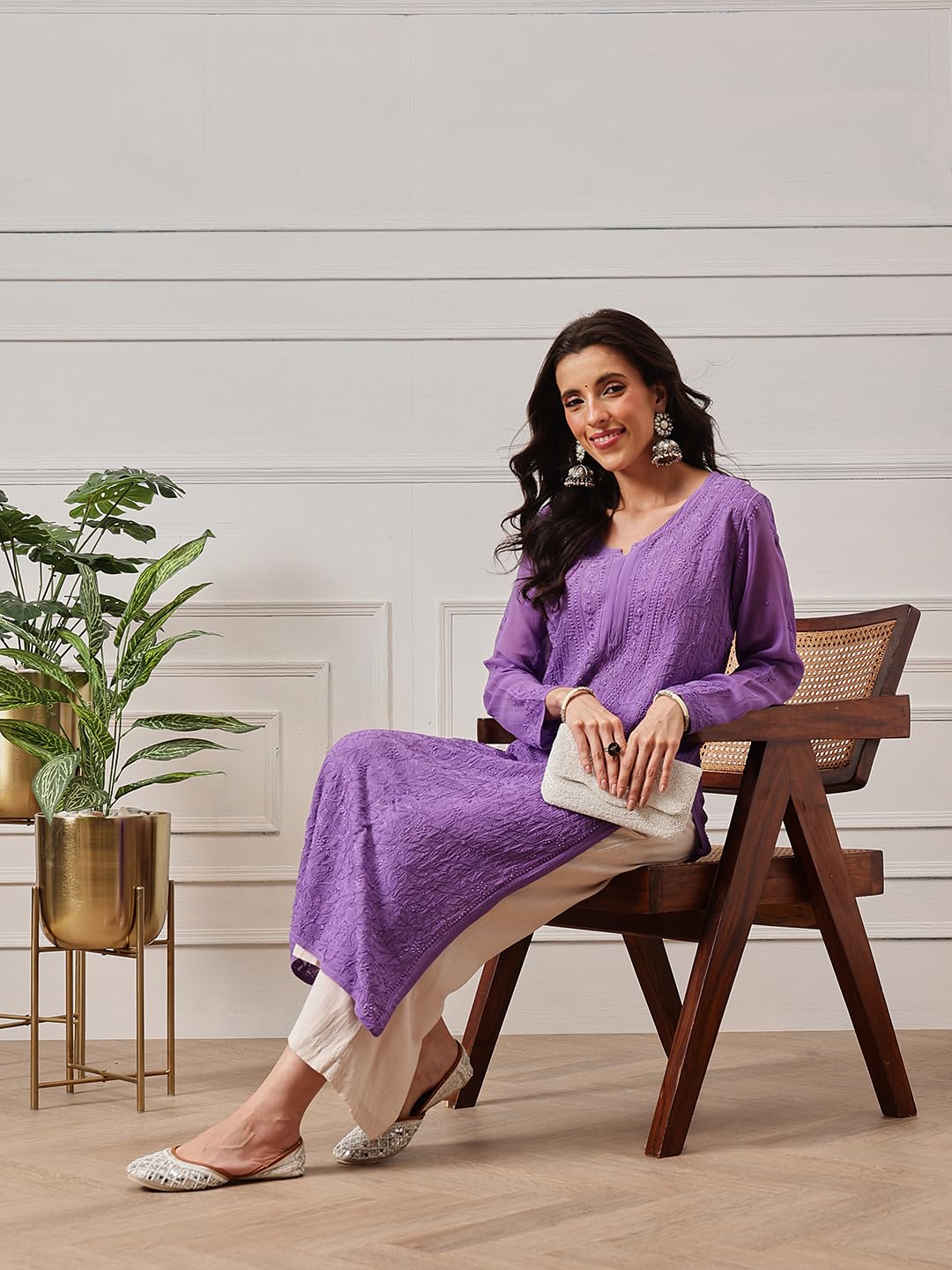 Ada Hand Embroidered Lucknowi Chikankari Viscose Georgette Kurta Kurti for Women A411332 Mauve (3XL)