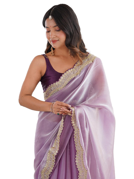 AKHILAM Women's Shimmer Lavender Satin Sequins Embroidery Work Saree With Unstitched Blouse Piece | saree for woman | Designer Saree for Women | Soft and Skin Friendly (AARYAN19902_KR)