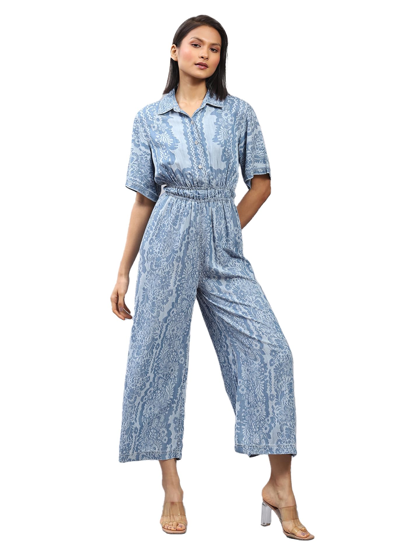 Label RITU KUMAR Blue Floral Print Denim Jumpsuit