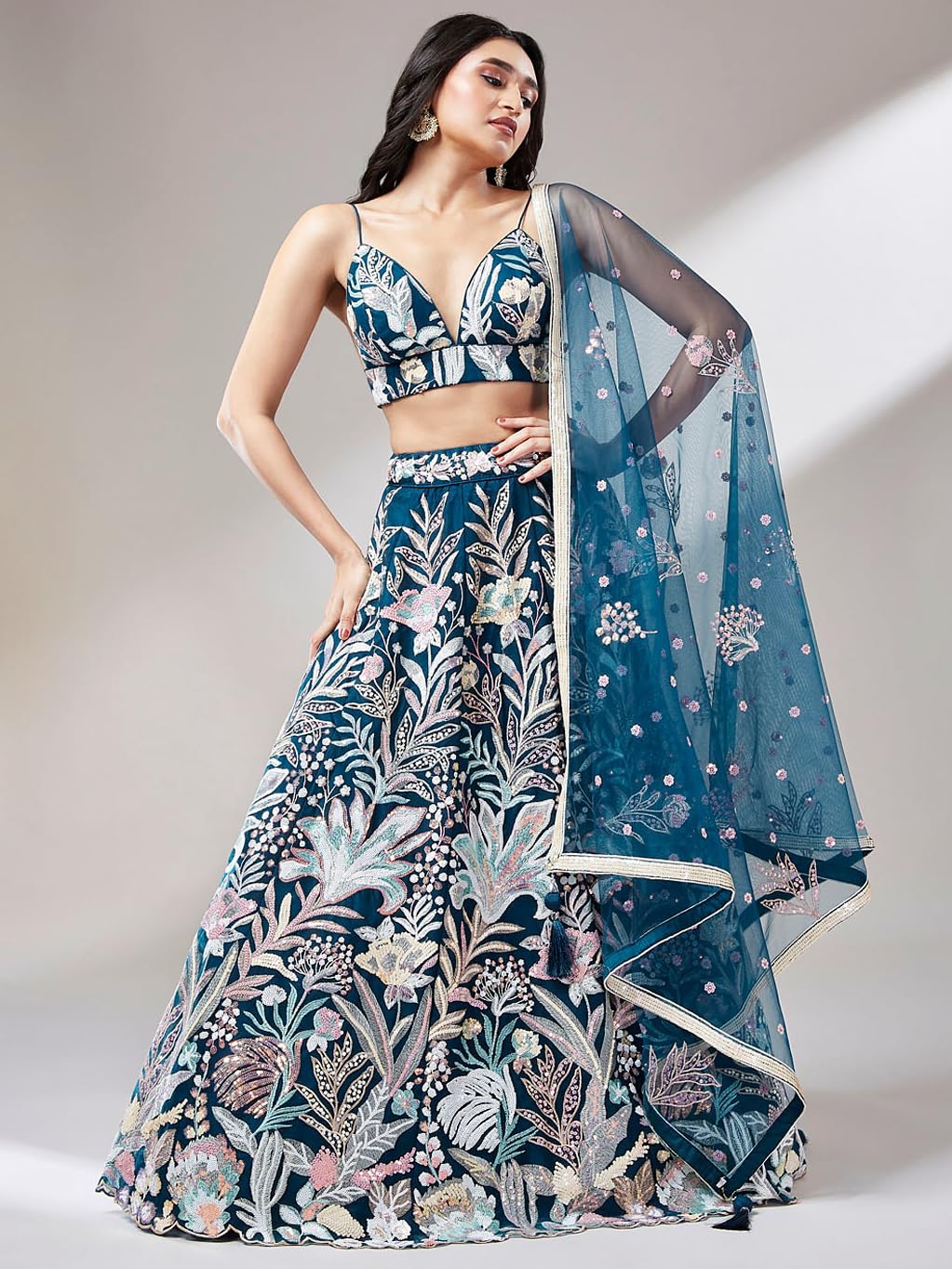 Zeel Clothing Women's Sequins Embroidered Fabric Soft Net Lehenga Choli With Dupatta (6032-Blue-Wedding-Stylish-Lehenga-Choli-Latest; Free Size), Customizable Length