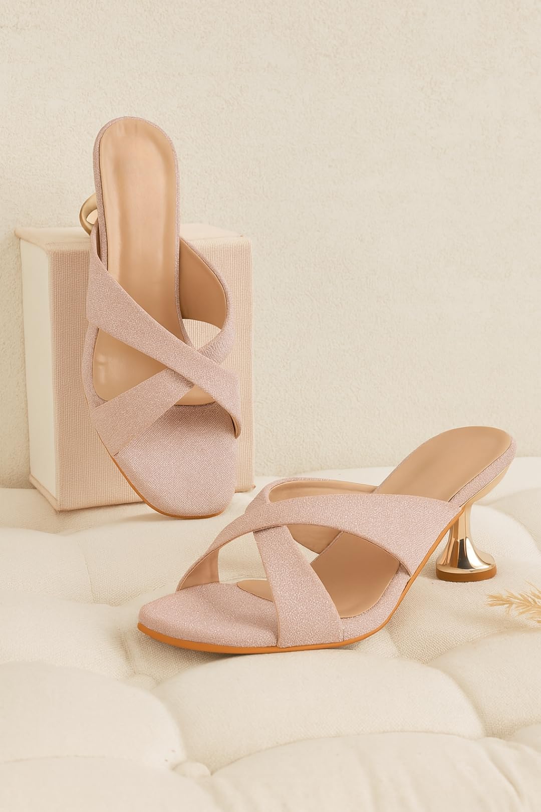 GLEMATOZ Women’s Stylish Pink Heeled Sandals || Elegant Open-Toe Party & Casual Footwear || Comfortable Mid-Heel Slip-On EU-36