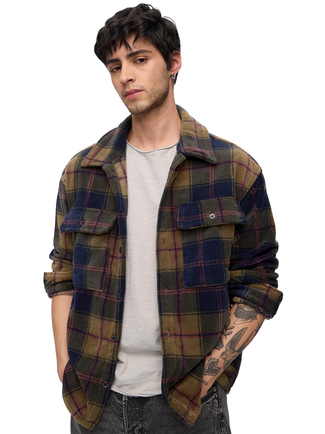 The Souled Store Plaid Shacket: Mustard Men and Boys Long Sleeves Collared Neck Button Front Cotton Oversized Shackets