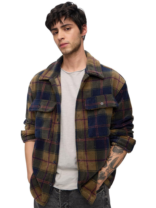 The Souled Store Plaid Shacket: Mustard Men and Boys Long Sleeves Collared Neck Button Front Cotton Oversized Shackets