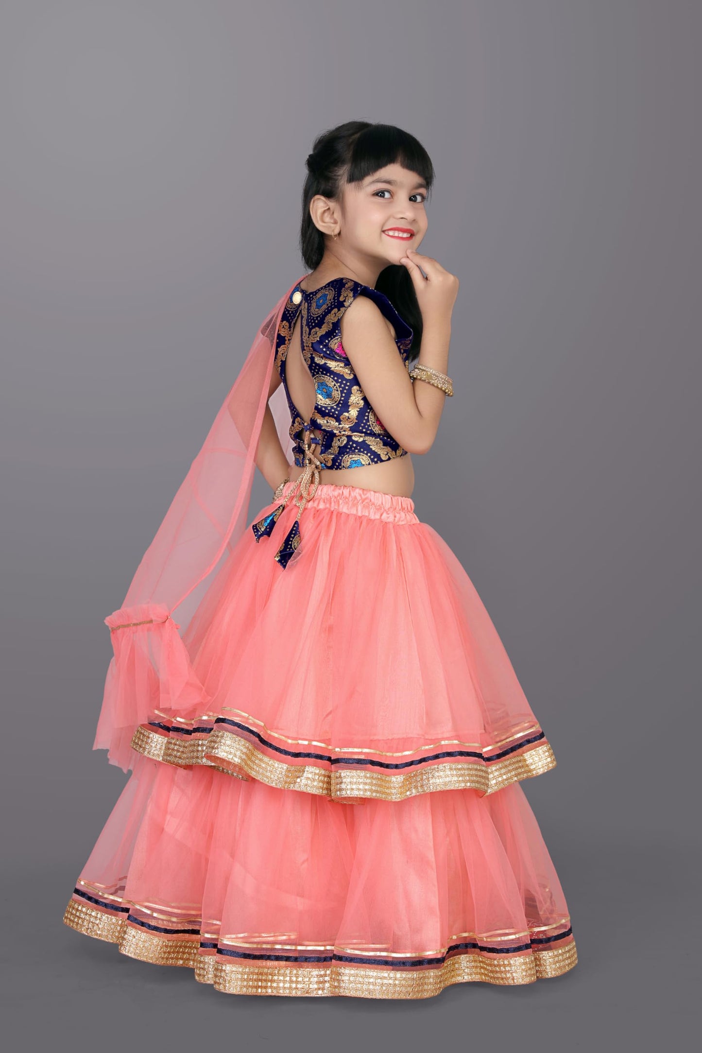 satyamfab Girls Ready to Wear Lehenga & Blouse with Dupatta - Heavy Mono Net and Jacquard Fabric, Fully Stitched