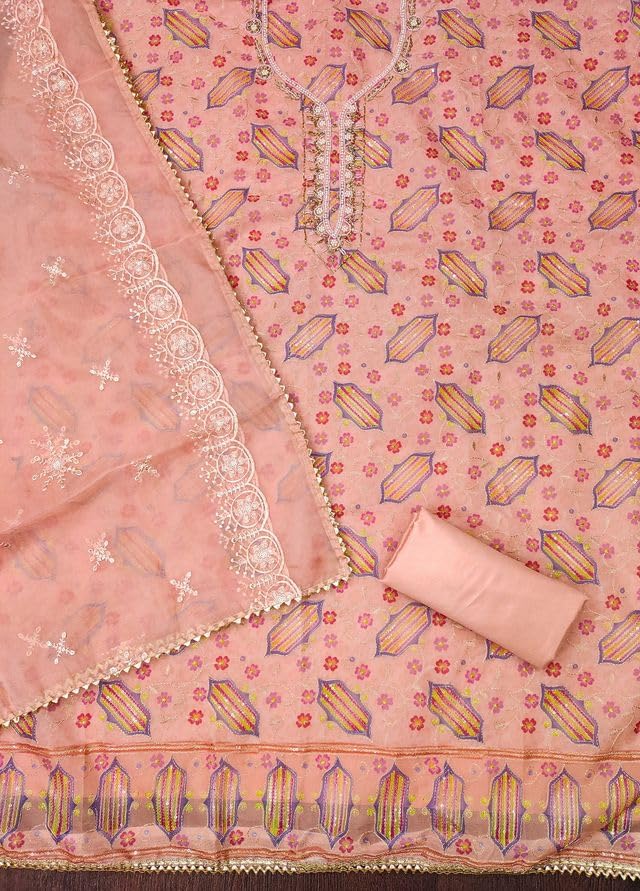 VARNI FABRICS Organza Dress Material for Women Geometric Unstitched Woman Salwar Suit Dress Material With Organza Dupatta Peach Pink