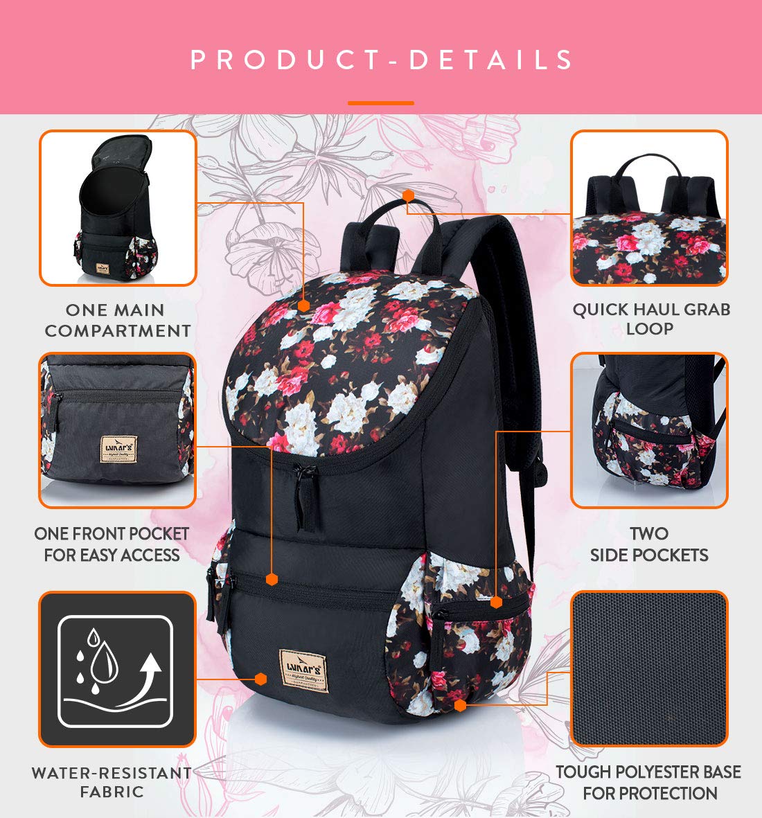 Lunar's Monica - 1 Compartment Water Resistant Stylish Fashion Ladies 19L Backpack Girls School Bag Student Backpack Women Trendy Travel Bag