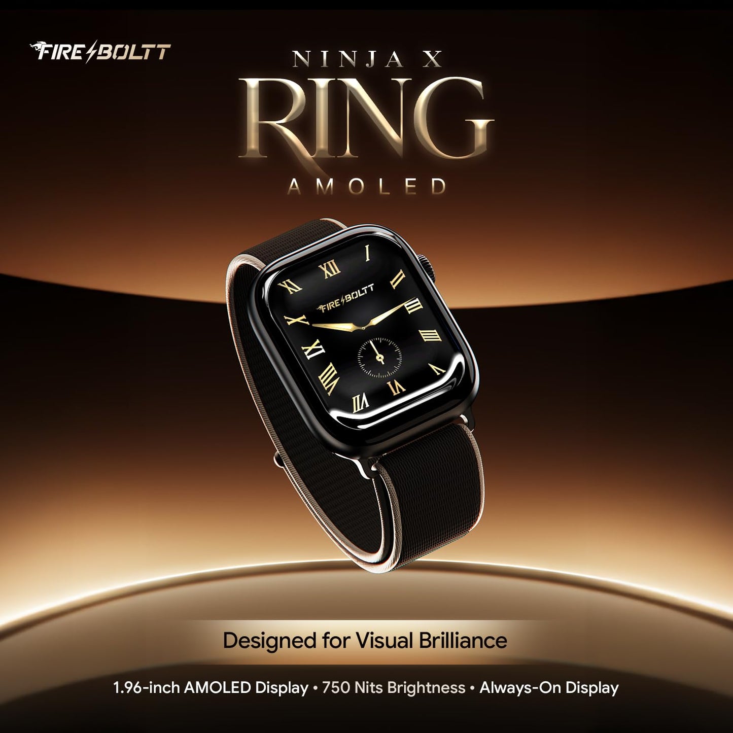 Fire-Boltt Ninja X Ring Smart Watch 1.96" Always On Display Bluetooth Calling, Voice Assistant, SpO2 & Heart Rate, 120+ Sports Modes, IP67 Waterproof Smartwatch for Men & Women - Black Nylon