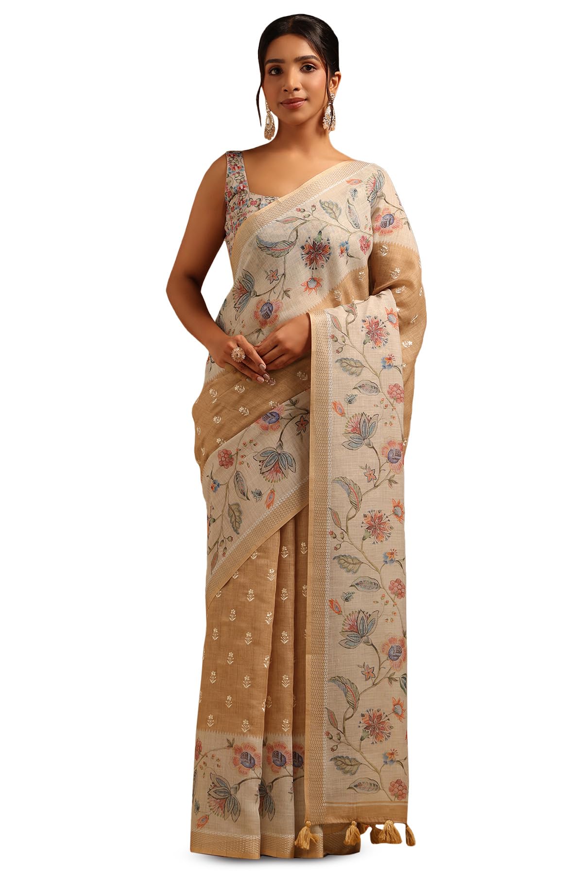 Soch Womens Beige Linen Botanical Saree With Machine Embroidery