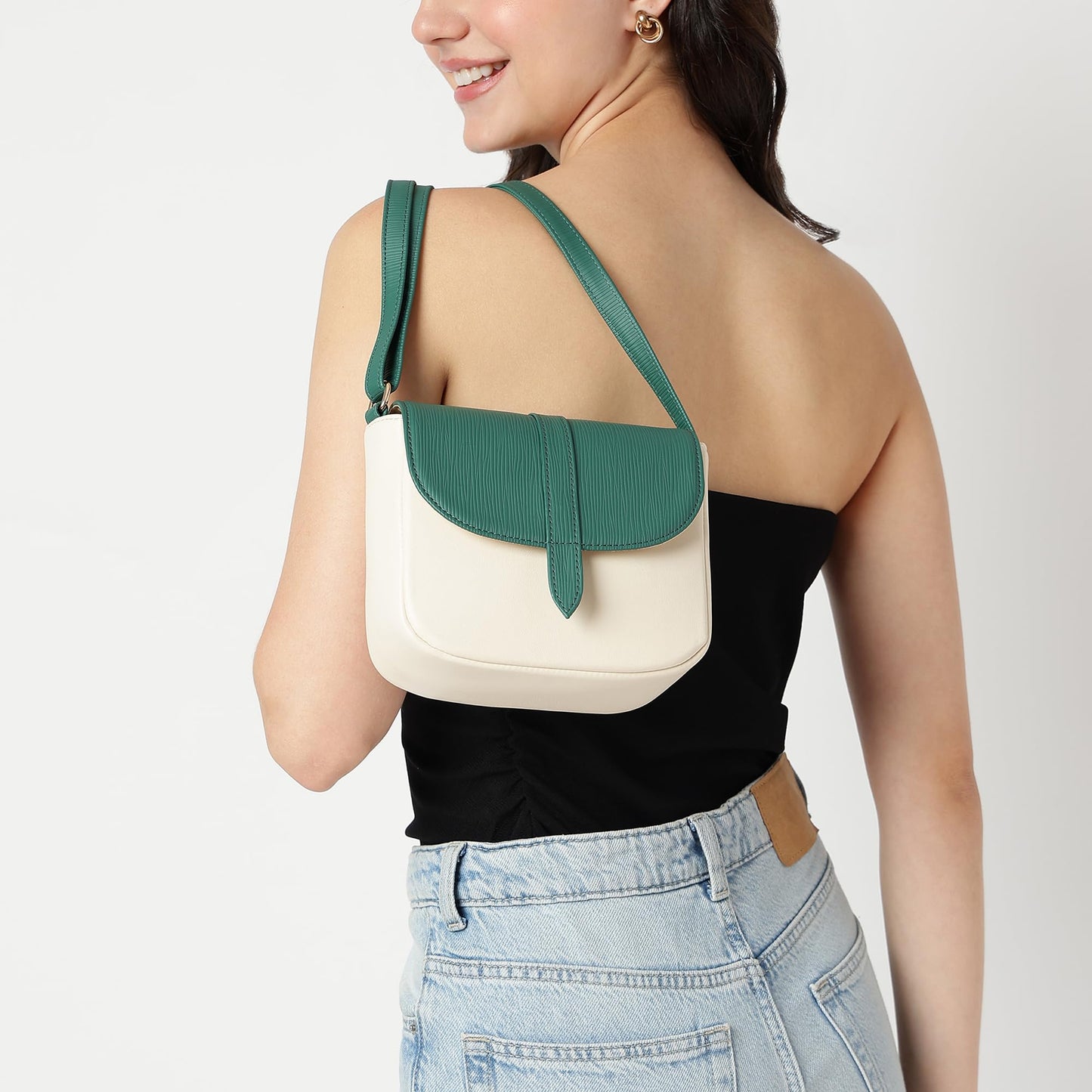 Fastrack RufflePlay green Sling | Faux-Leather Women’s Handbag | Textured Flap Sling with Button Closure & Adjustable Strap