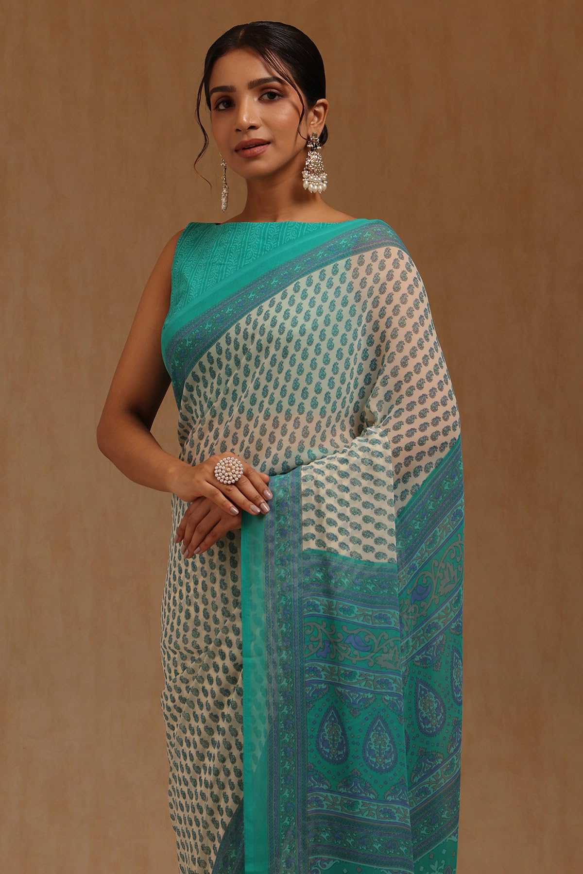 Soch Womens Teal Georgette Floral Print Saree