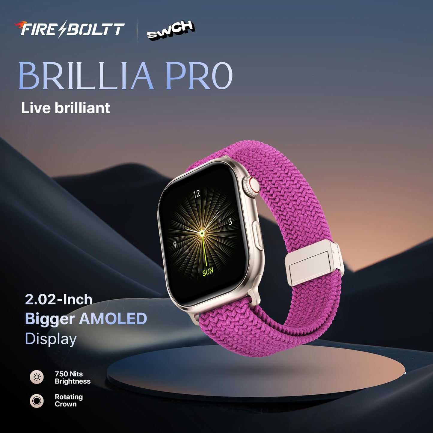 Fire-Boltt Brillia Pro Smart Watch with 51.3mm (2.02 inch) AMOLED Display, Bluetooth Calling, SpO2, Heart Rate Monitoring, 120+ Sports Modes, IP67 Waterproof, Long Battery Life (Pink Wave)