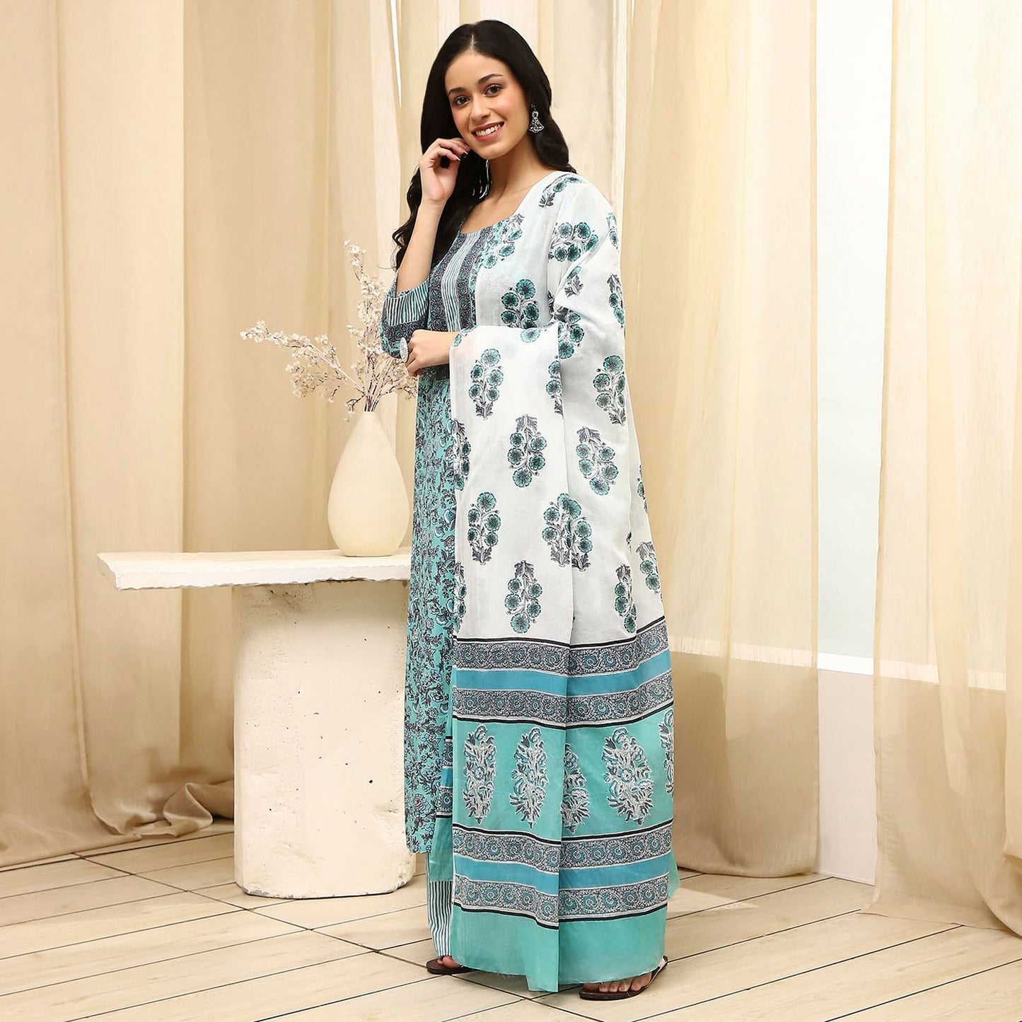 BIBA Women's Turquoise Cotton Hand Block Print Unstitched Suit Set